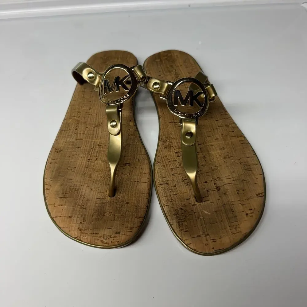 Michael Michael Kors Gold Jelly Thong Sandals MK Logo Cork Print Women's 8M